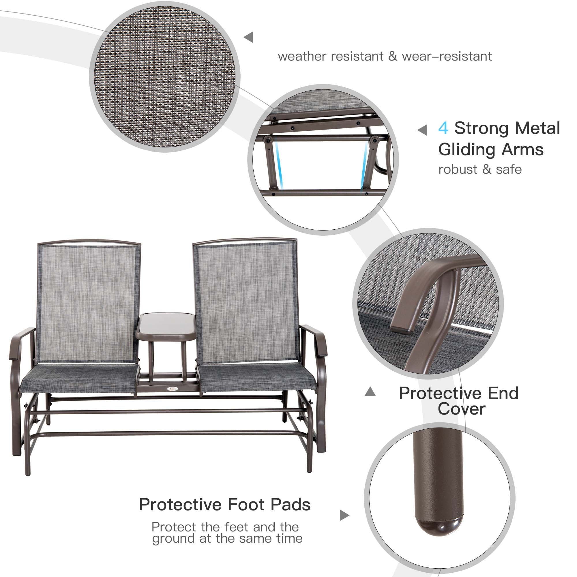 Gray Metal Frame Outdoor Glider Bench with Center Table H228018