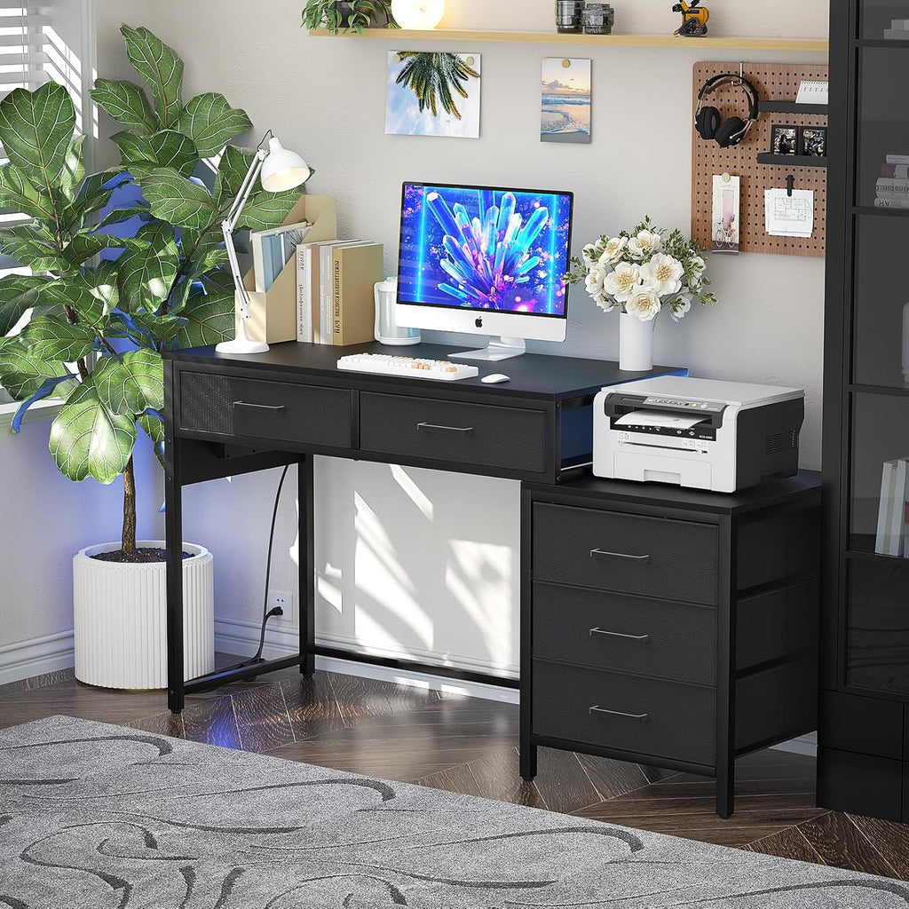 Black Computer Desk with 5 Drawers and Power Outlets I7572