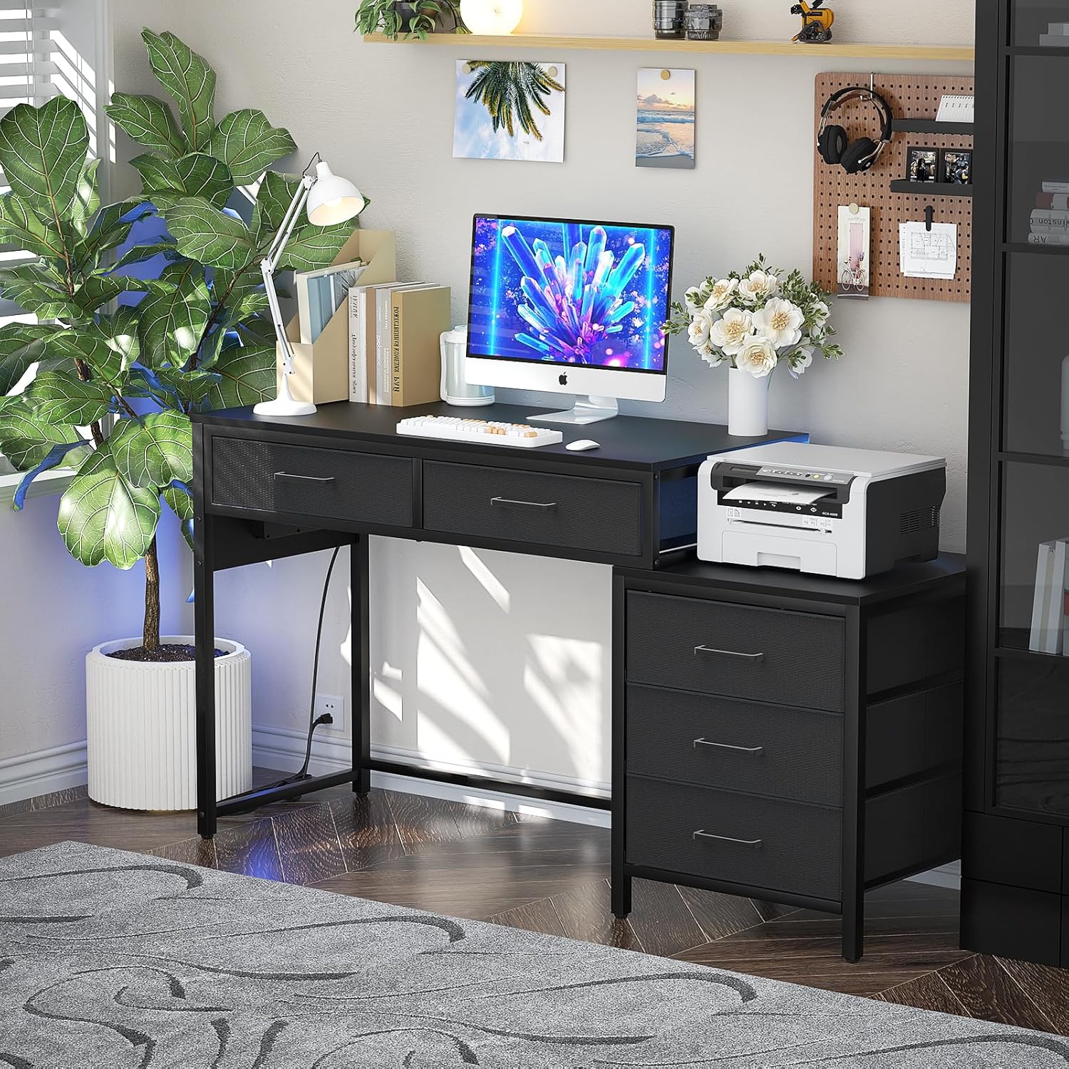 Black Computer Desk with 5 Drawers and Power Outlets I7572