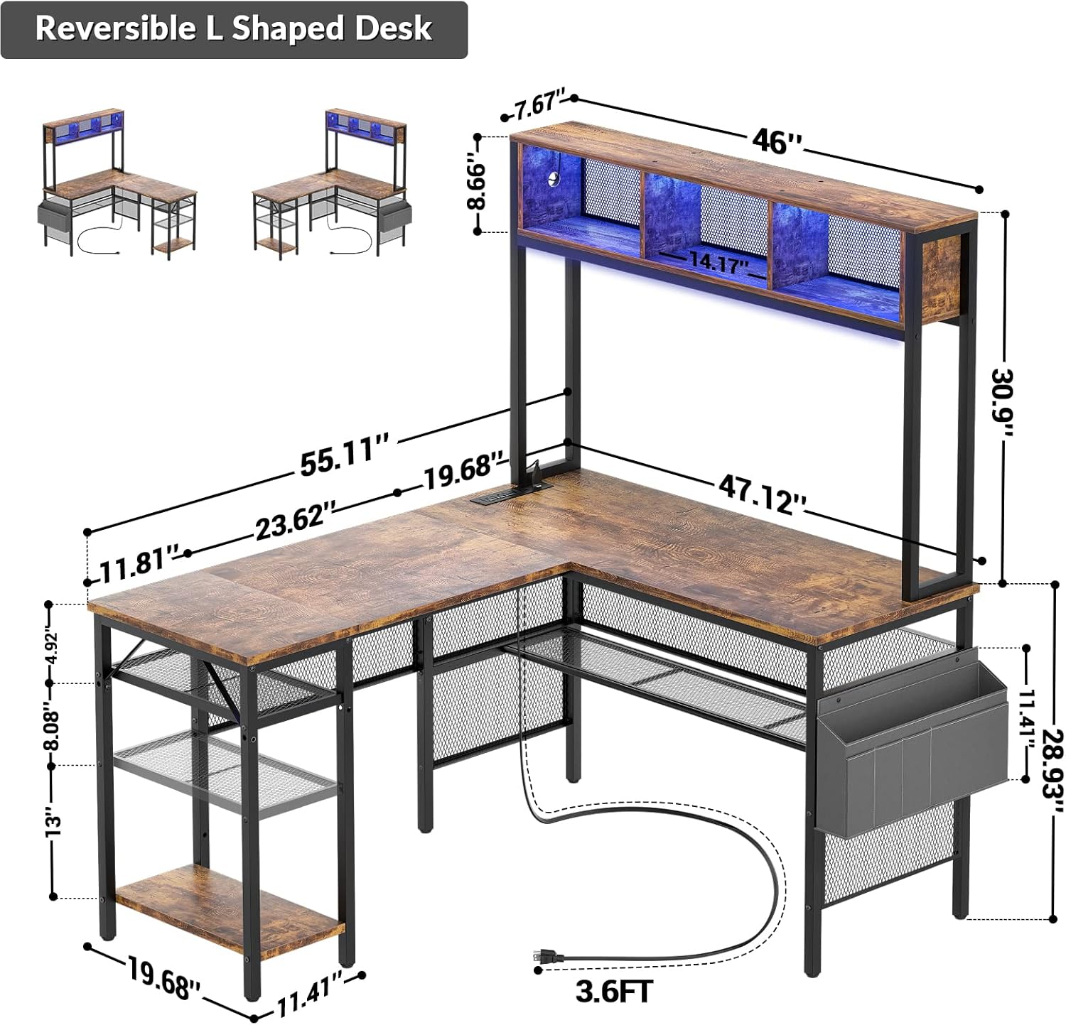 55 Inch L Shaped Gaming Desk with LED Lights & Power Outlets, Rustic Brown U62040