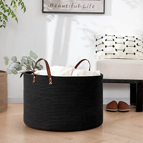 Large Woven Storage Basket with Leather Handles, 22 x 14 inches, Dark Gray K6151
