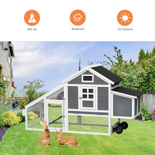 Chicken Coop with Run & Wheels, Two-Tier Large Chicken Duck House Rabbit Hutch Poultry Cage with Nesting Box and Side Door H947707