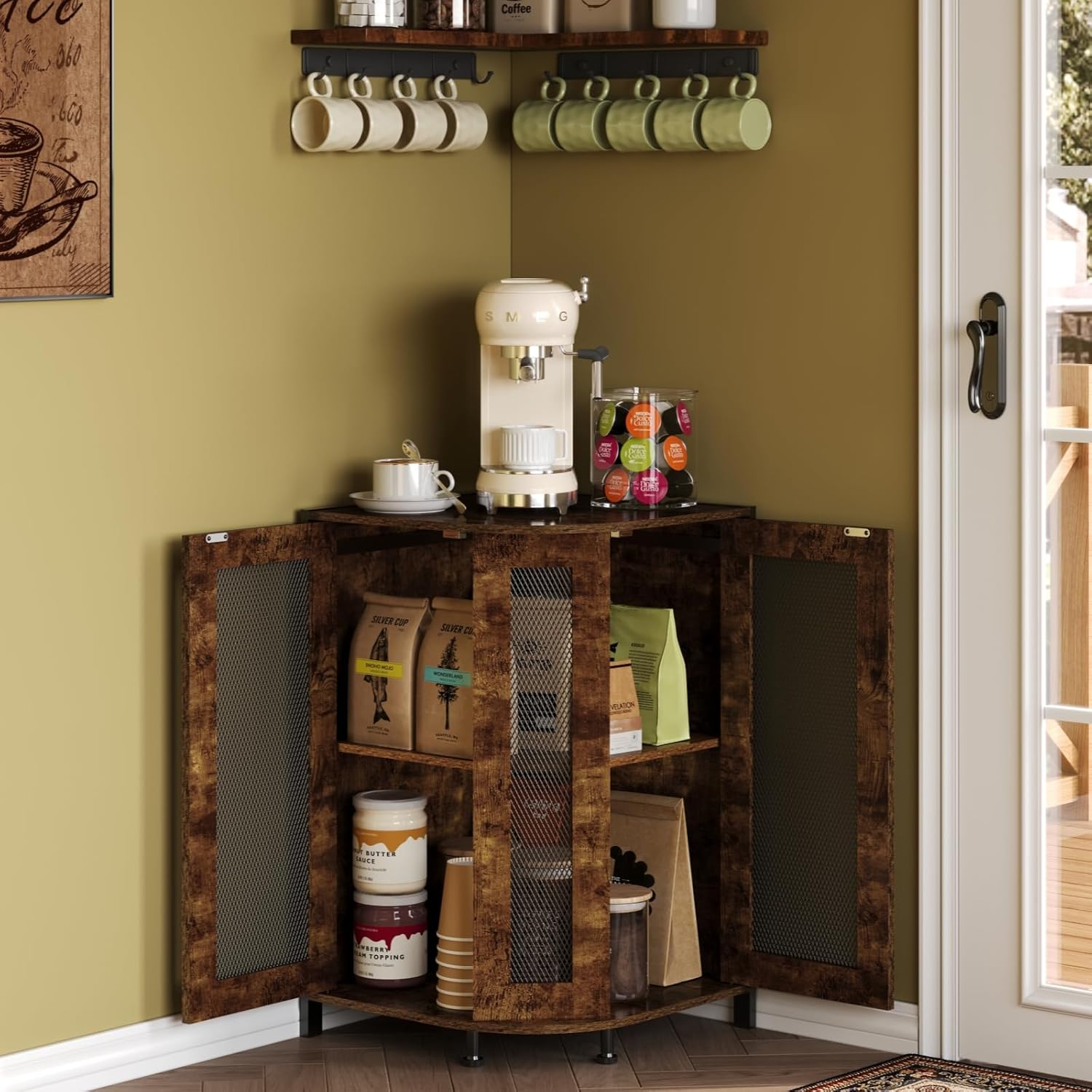 3-Tier Rustic Wood Coffee Bar Cabinet with Storage Shelf G68688