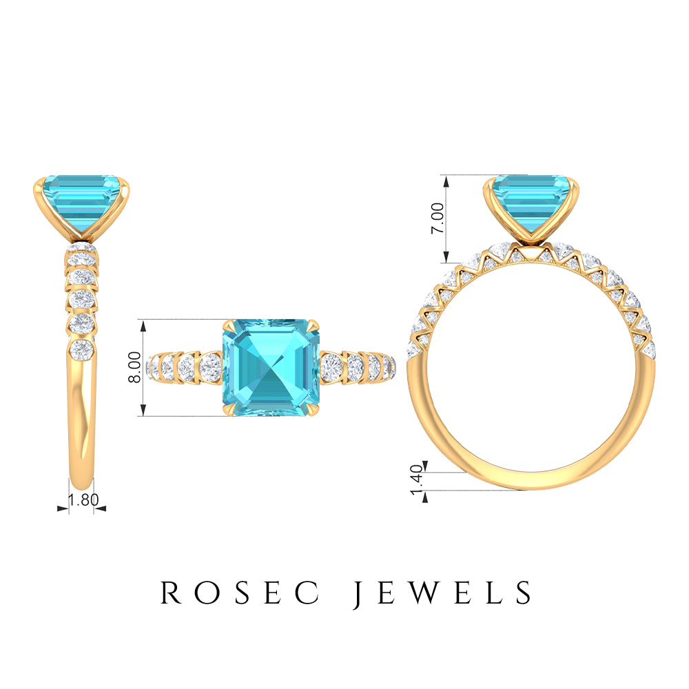 3.75 CT Swiss Blue Topaz Solitaire Ring with Diamond Side Stones, 925 Sterling Silver, US 4.00 I993
