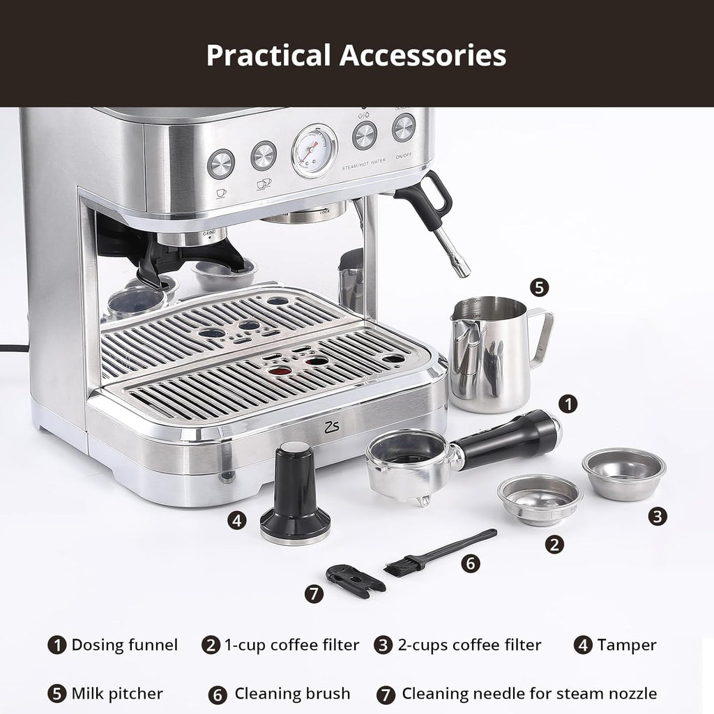 Espresso Machine with Milk Frother, Built-In Bean Grinder, 85oz Removable Water Tank P594220