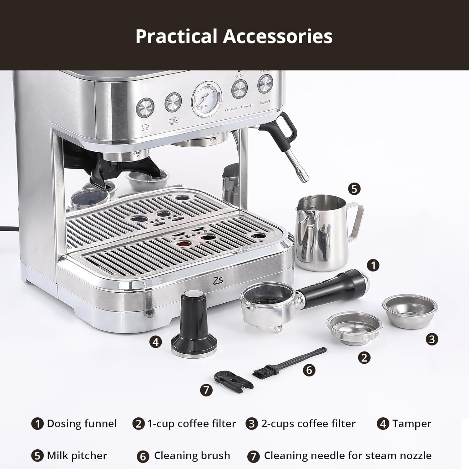 Espresso Machine with Milk Frother, Built-In Bean Grinder, 85oz Removable Water Tank P594220