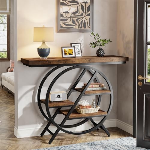 39.4-Inch Rustic Brown Console Table with 4-Tier Geometric Metal Frame Q749883