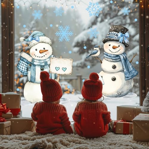 13.8 x 35.4'' Extra Large Christmas Window Clings 3 Sheets Blue Snowman Snowflake Window Stickers Double Sided Glass Decals Q2166