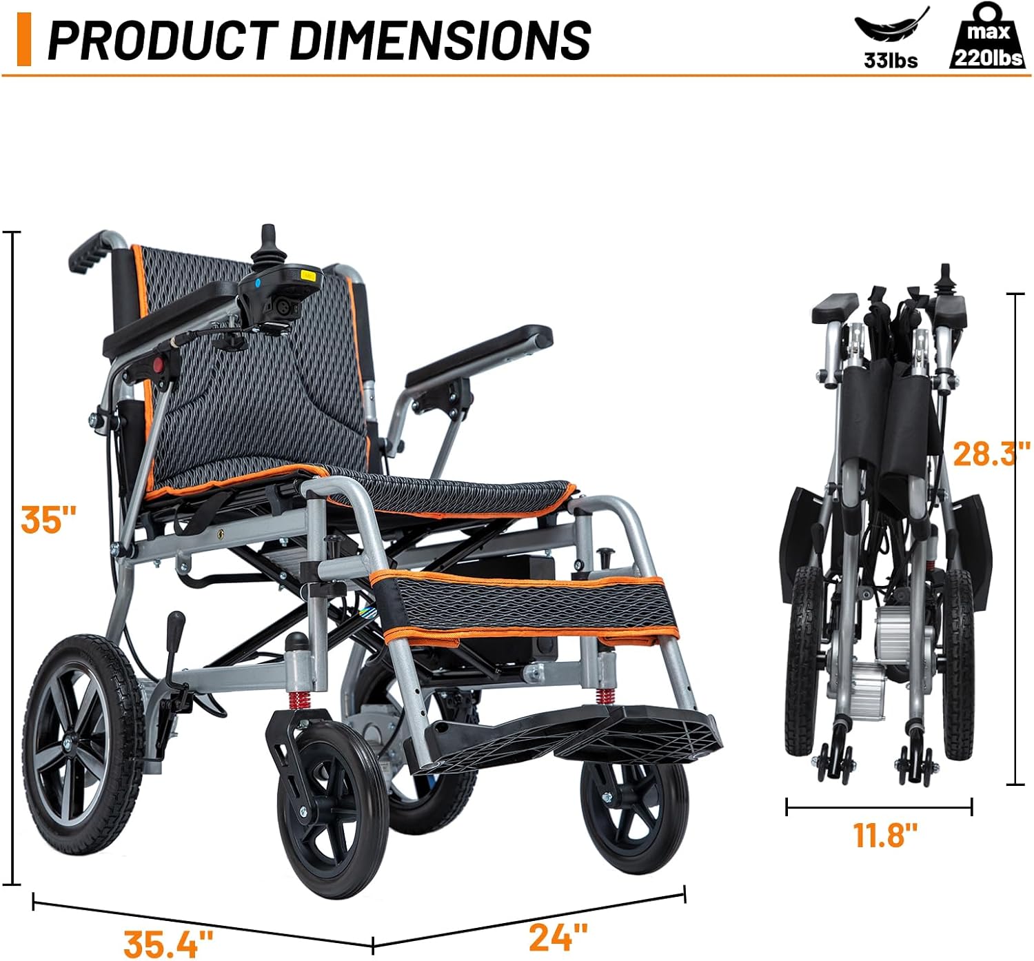 Lightweight Portable Electric Wheelchair, 33lbs, 10 Miles Range B625