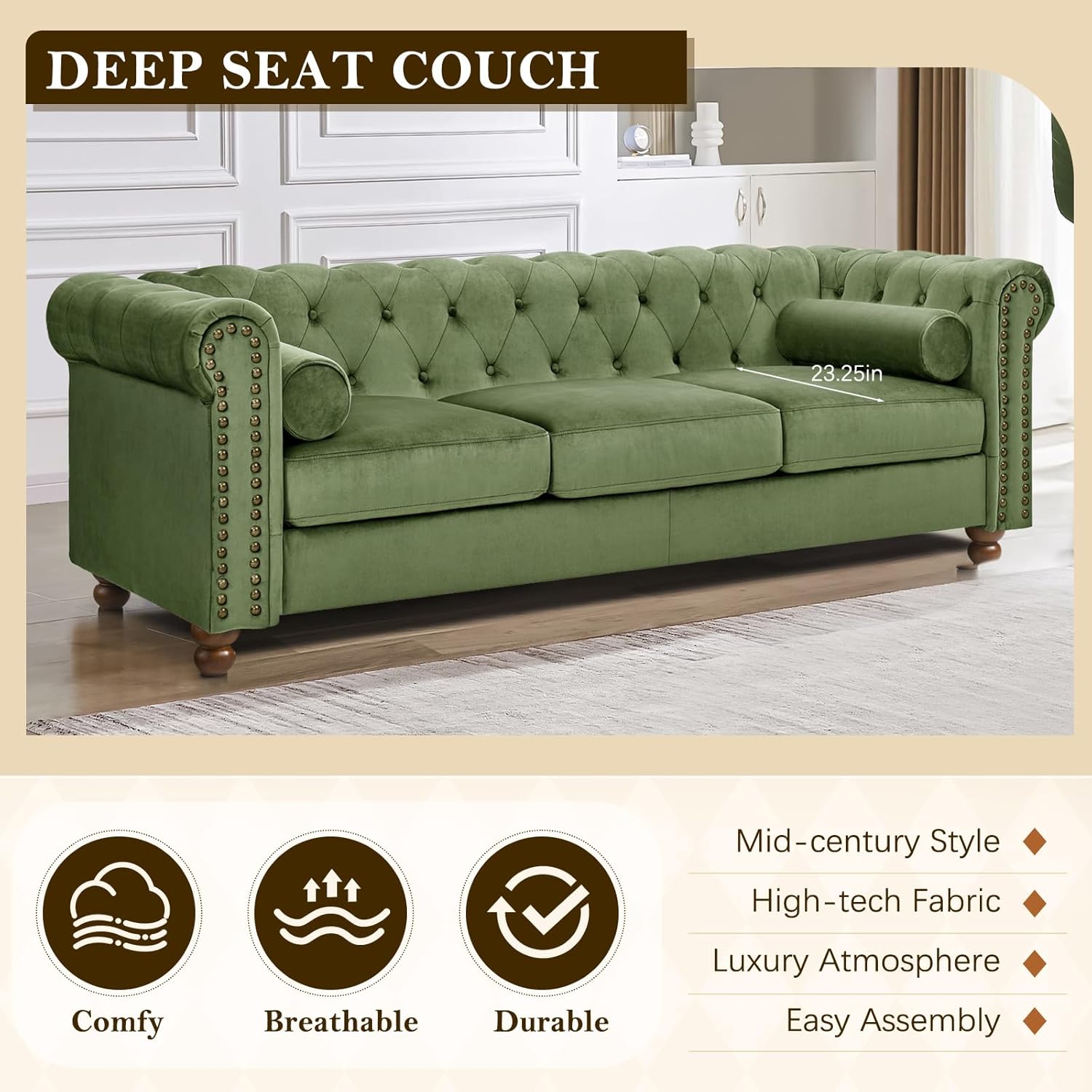 Green Velvet 3 Seater Chesterfield Sofa Z3756
