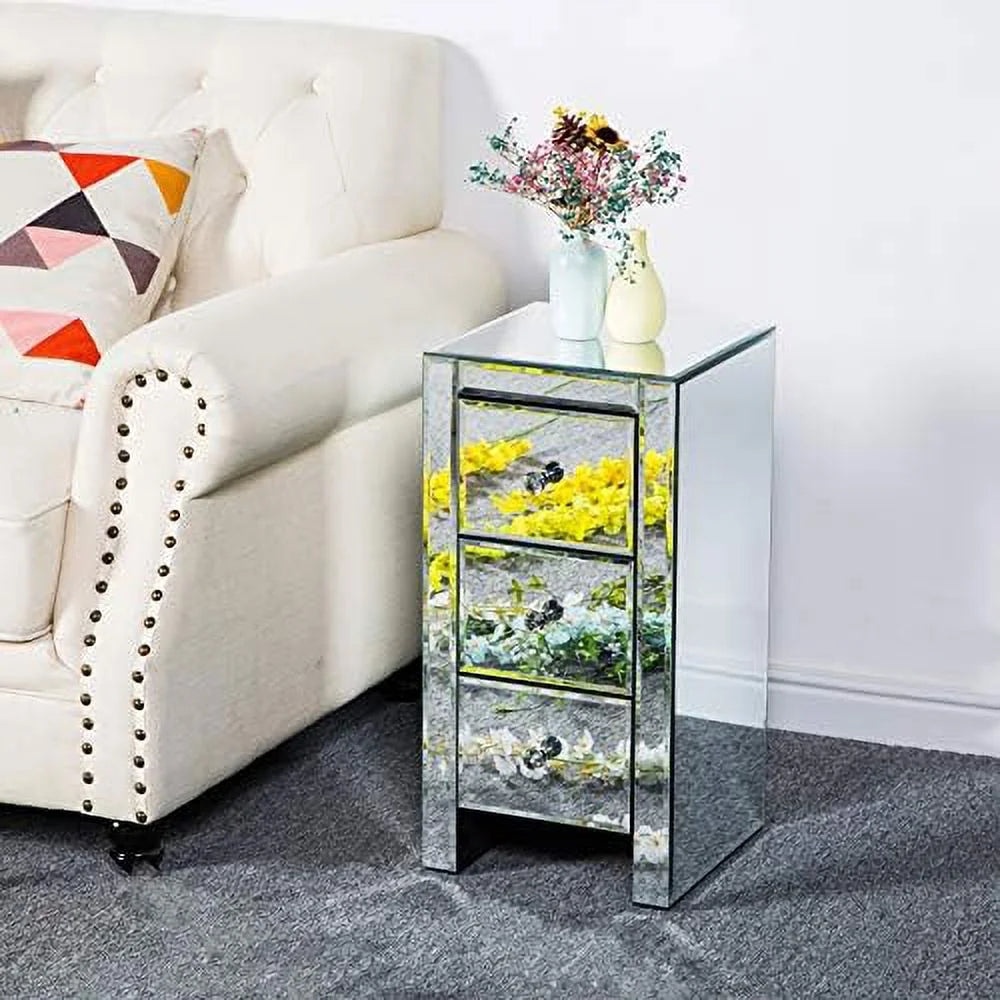 Mirrored Nightstand with 3 Drawers Silver U5171