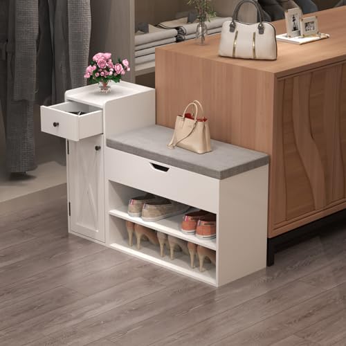 2-Tier Shoe Storage Bench with Sliding Barn Door Storage Cabinets & Removable Seat Cushion S223