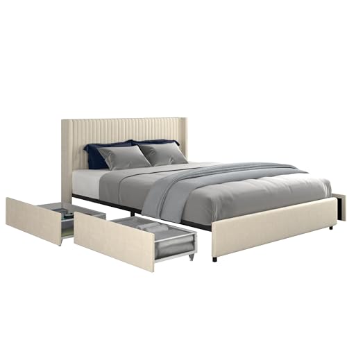 Grey Queen Size Platform Bed Frame with 4 Storage Drawers and Wingback Headboard T8837