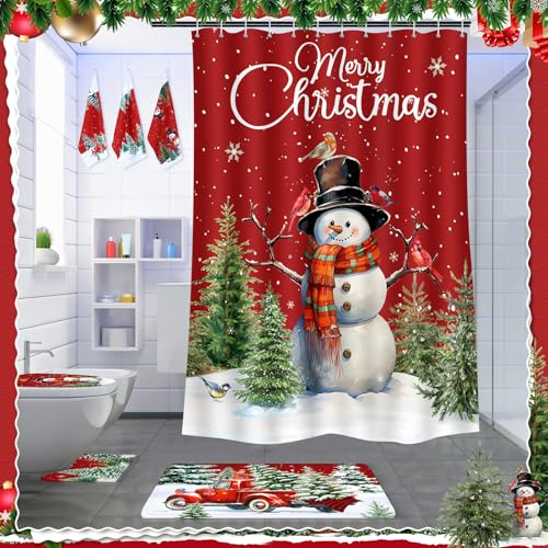 7 Pcs Christmas Shower Curtain Set Non Slip Waterproof Bathroom Accessories L914