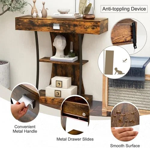 Rustic Brown 3-Tier Console Table with Drawer and Shelves C6612