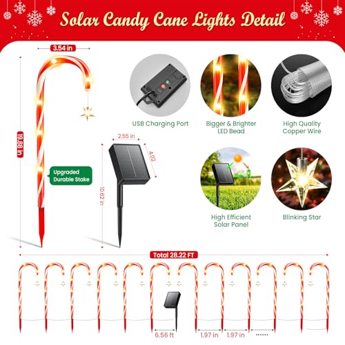 12 Pack Solar Candy Cane Lights, 72 LEDs Waterproof Outdoor Christmas Decorations J21599