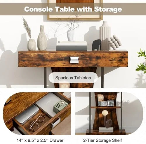 Rustic Brown 3-Tier Console Table with Drawer and Shelves C6612