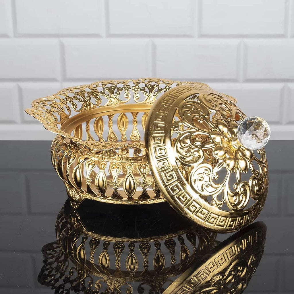 Sugar Serving Bowl with Lid and Crystal Top, Stainless Metal Candy Dish, Footed Gold Candy Jars, 8.7 in O2626