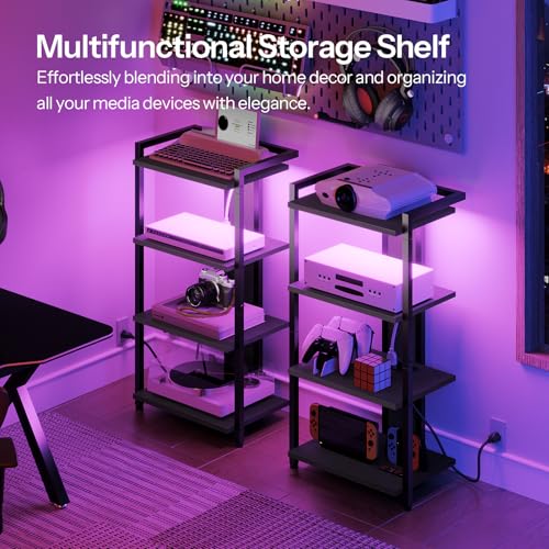 Black 4-Tier Wooden Media Console with Charging Station and LED Light S13971