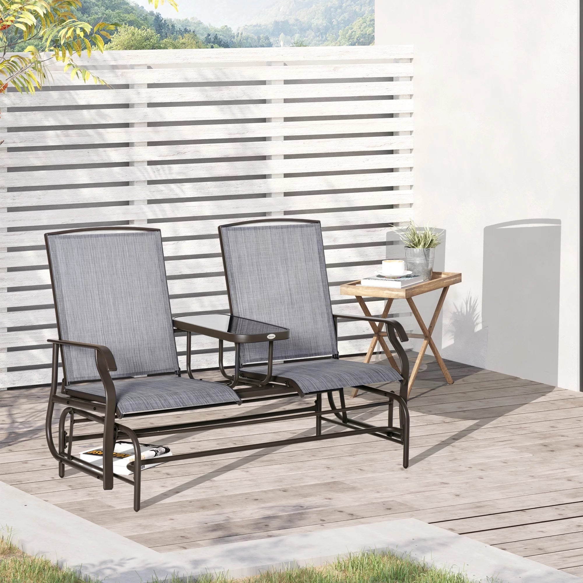 Gray Metal Frame Outdoor Glider Bench with Center Table H228018