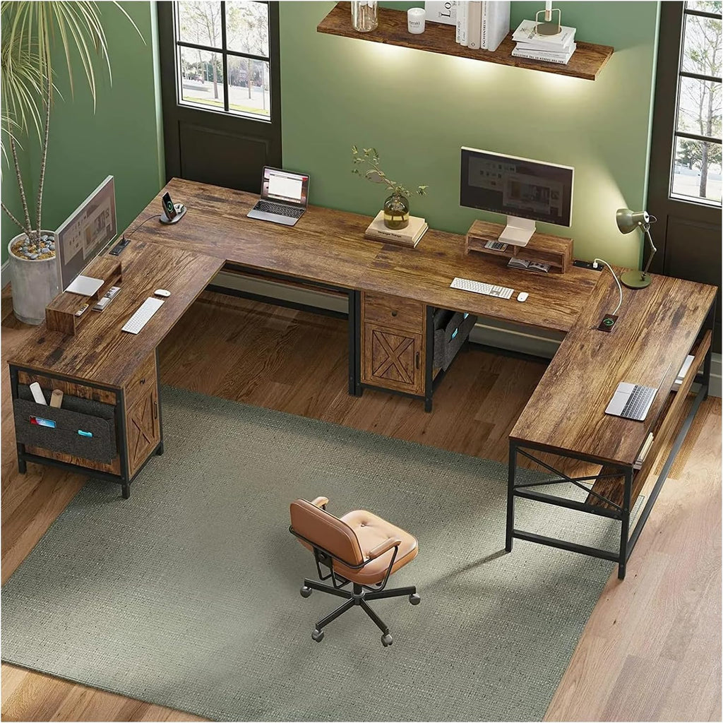 Rustic Brown L Shaped Computer Desk with Monitor Stand Storage Drawer Metal Wood 86.6”L x 19.7”W x 30”H A11725