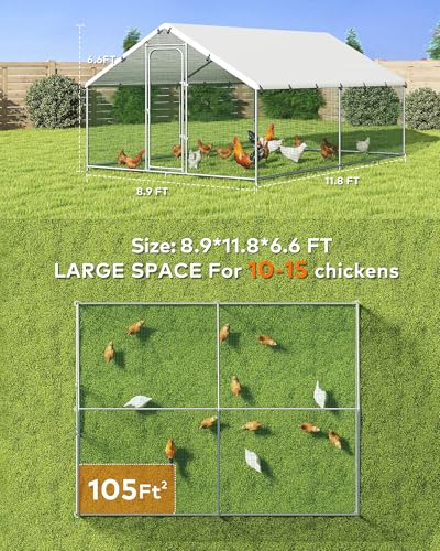 Large Metal Chicken Coop Run with Spire Roof Outdoor Poultry Cage with Waterproof UV-Resistant Cover (8.9’ W x 11.8’ L x 6.6’ H) T1864