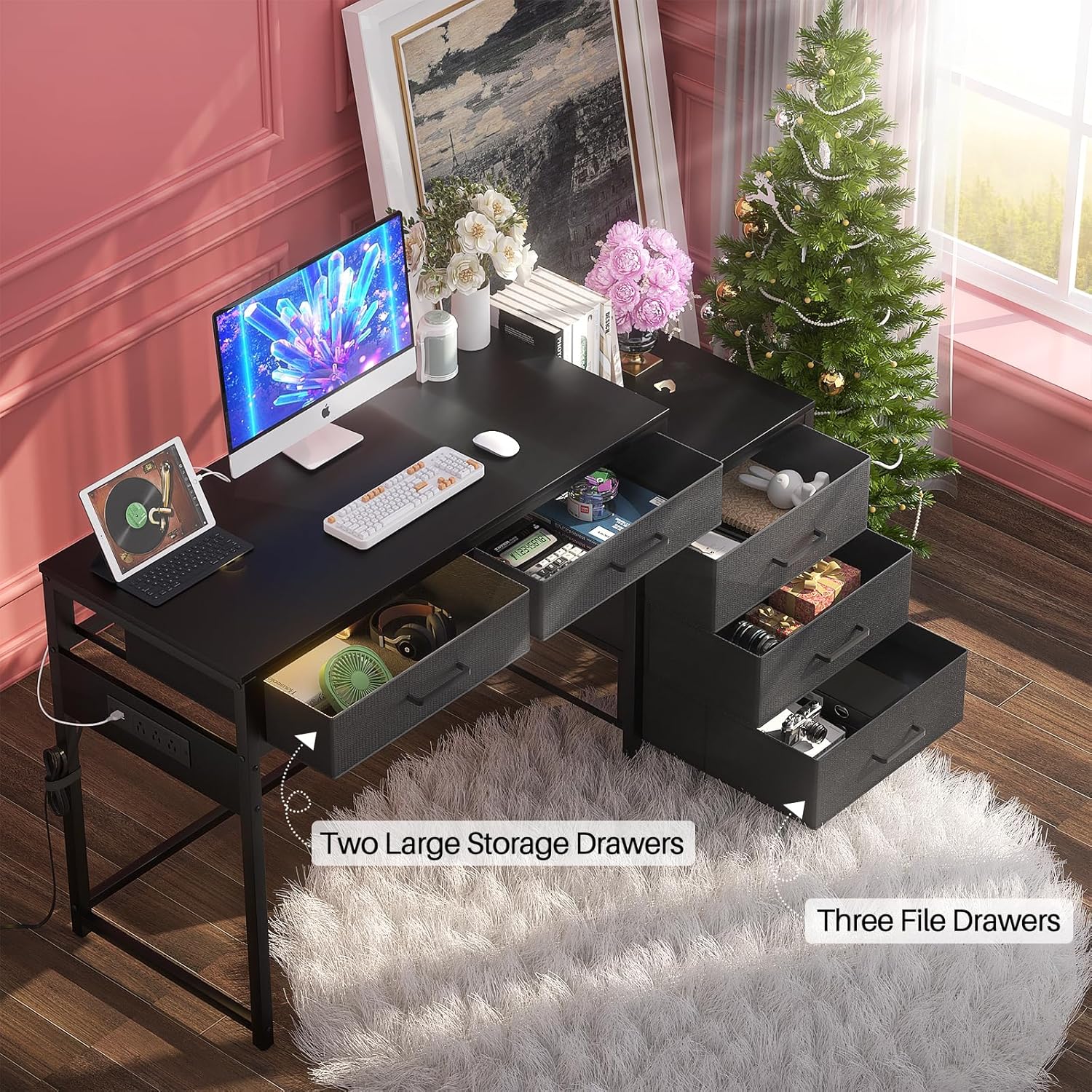Black Computer Desk with 5 Drawers and Power Outlets I7572