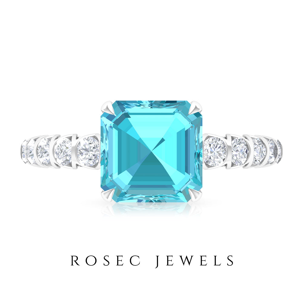 3.75 CT Swiss Blue Topaz Solitaire Ring with Diamond Side Stones, 925 Sterling Silver, US 4.00 I993