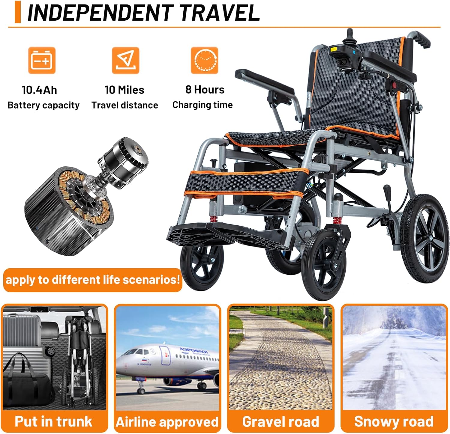 Lightweight Portable Electric Wheelchair, 33lbs, 10 Miles Range B625