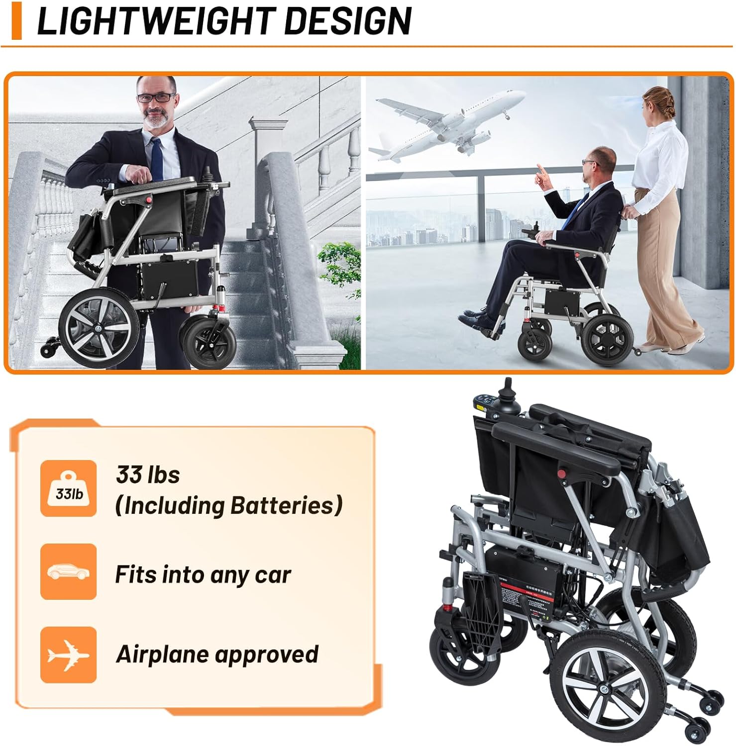 Lightweight Portable Electric Wheelchair, 33lbs, 10 Miles Range B625