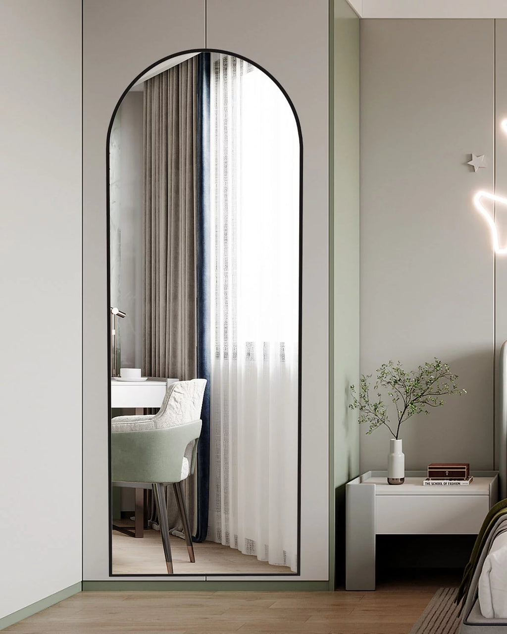 64" x 21" Black Arched Floor Mirror Y61026