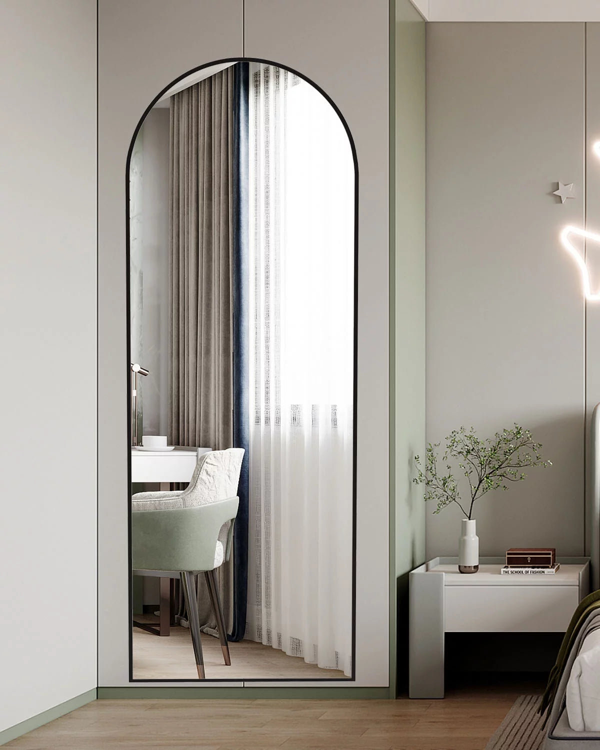 64" x 21" Black Arched Floor Mirror Y61026