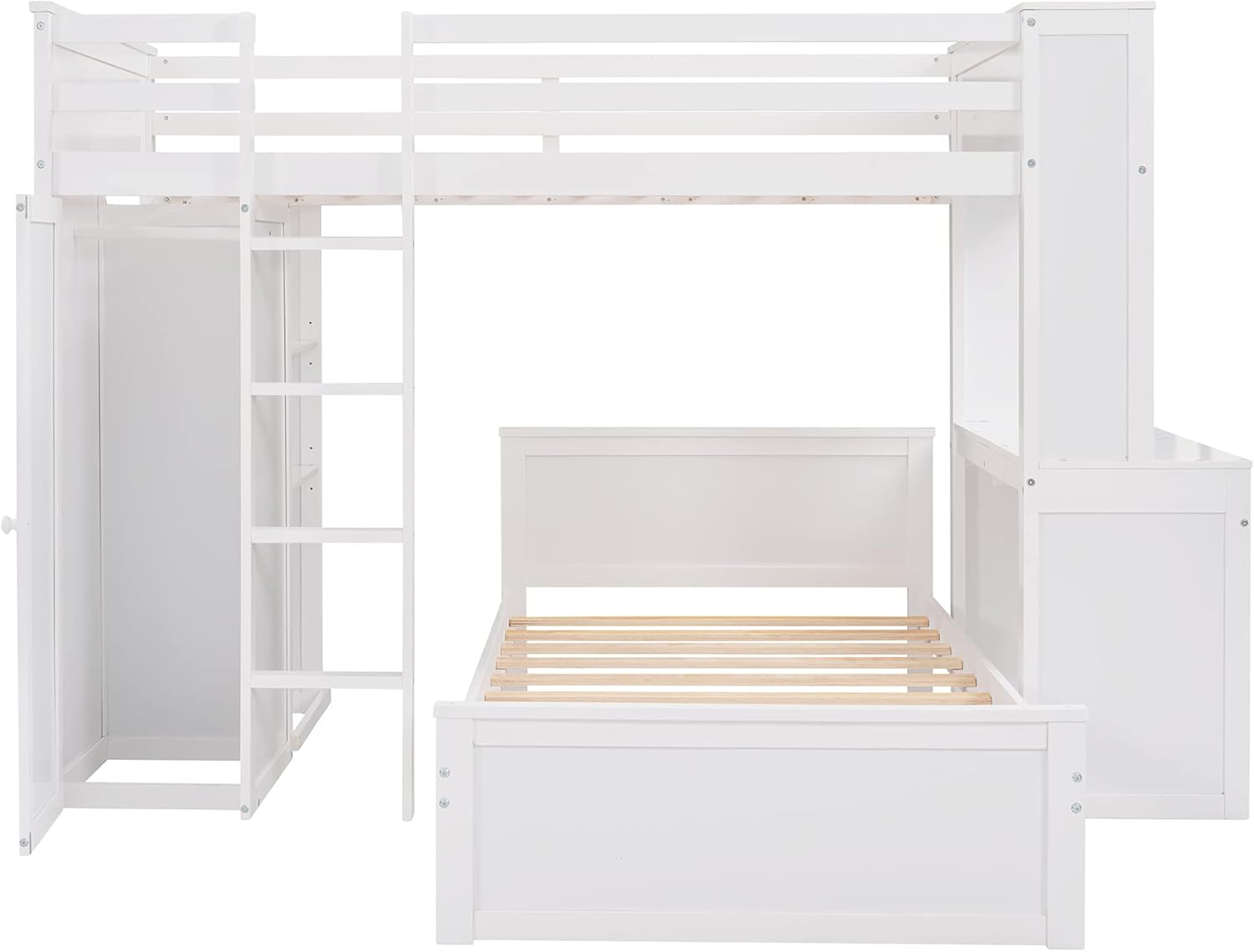 White Twin Wooden Bunk Loft Bed with Shelves Desk and Wardrobe M64287