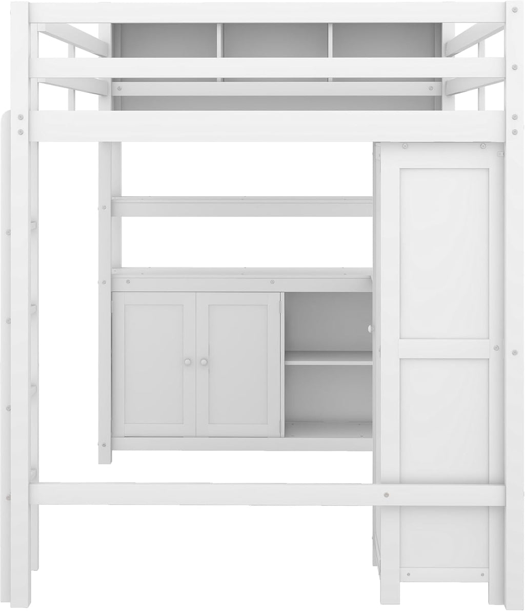 Full Size Loft Bed with Built-in Desk and Bookshelf White Y310