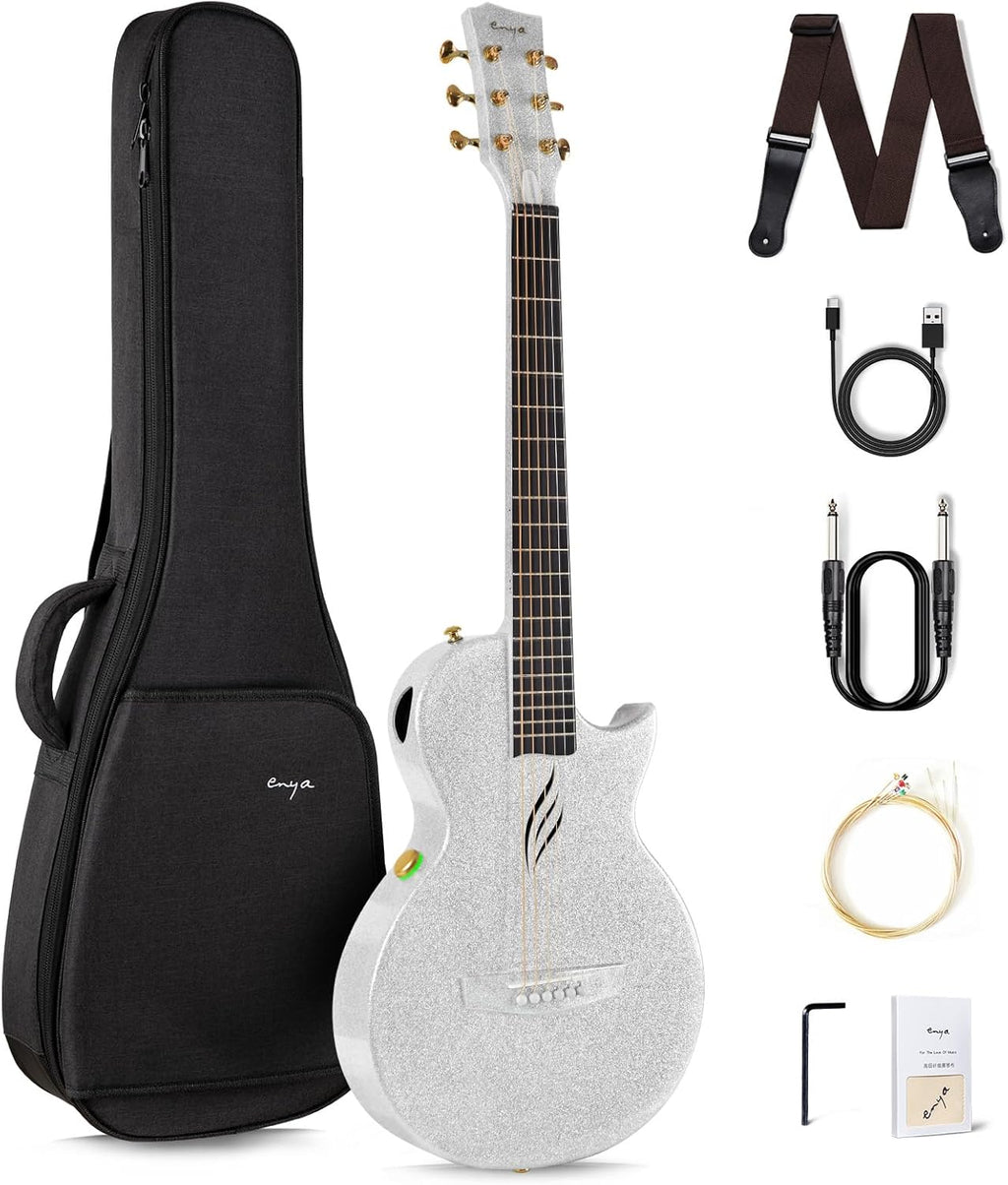Carbon Fiber Acoustic Electric Guitar with Gig Bag, Strap, Strings, Instrument Cable (Sparkling Silver) O451561