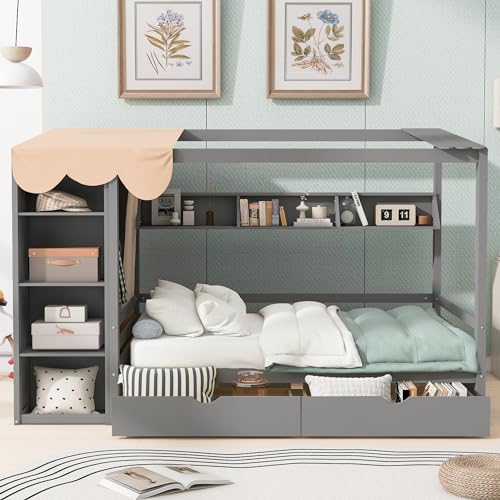Twin Size Solid Wood House Bed with 2 Drawers and Shelves R593