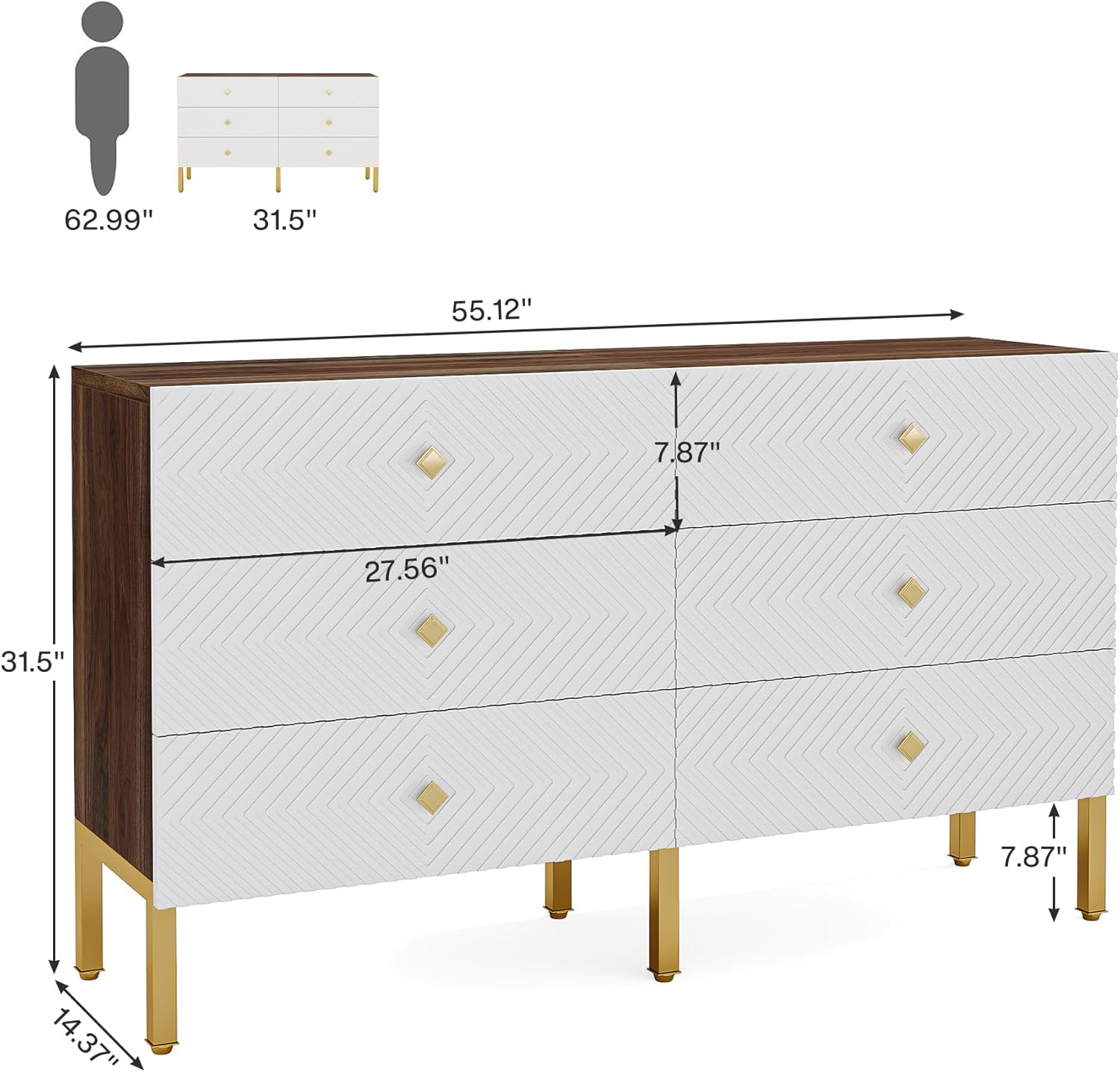 6-Drawer Double Wide Wood Dresser with Gold Legs and Handles, White & Brown K816551