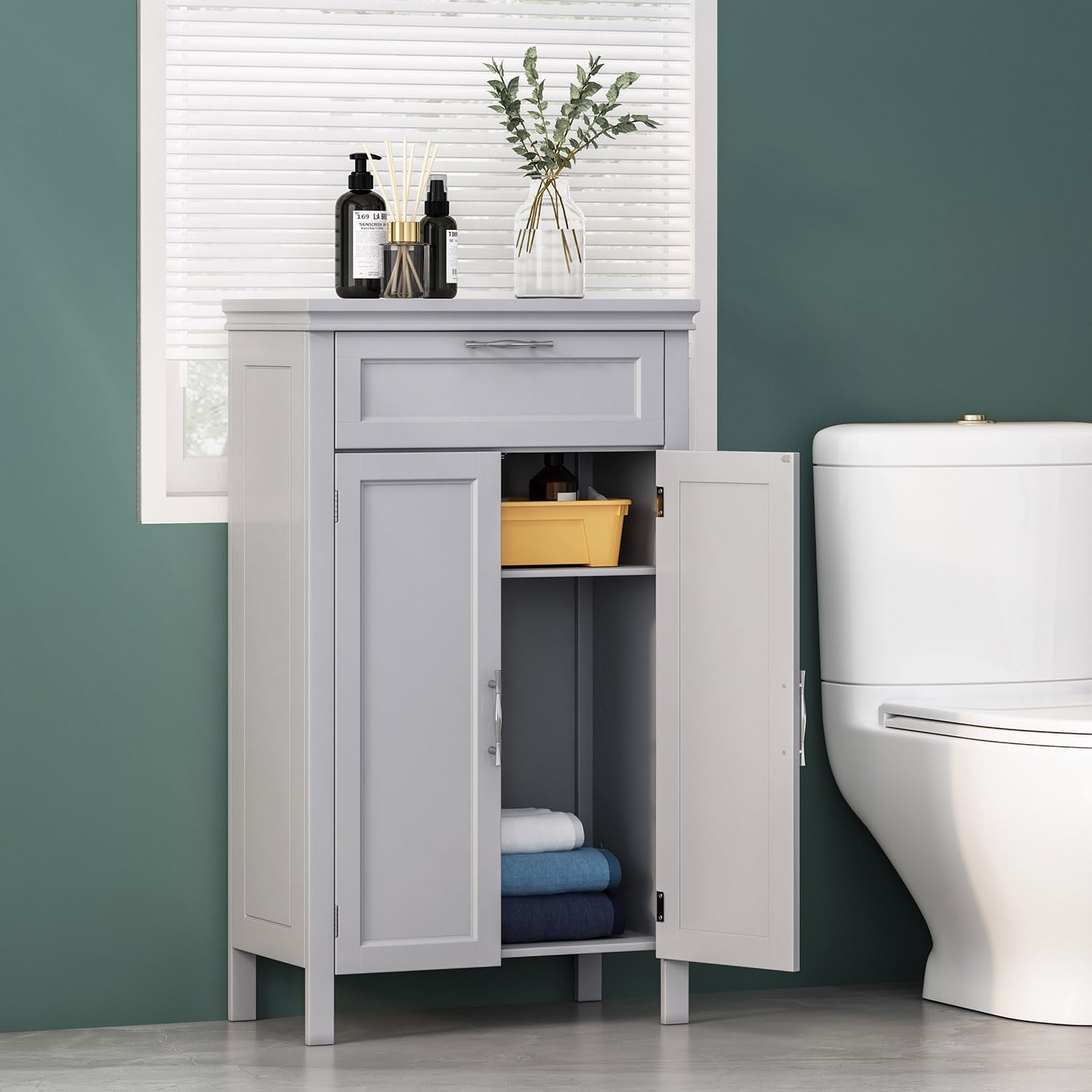 Wooden Bathroom Floor Cabinet with Drawer, Adjustable Shelf, 2-Door Cupboard L43858