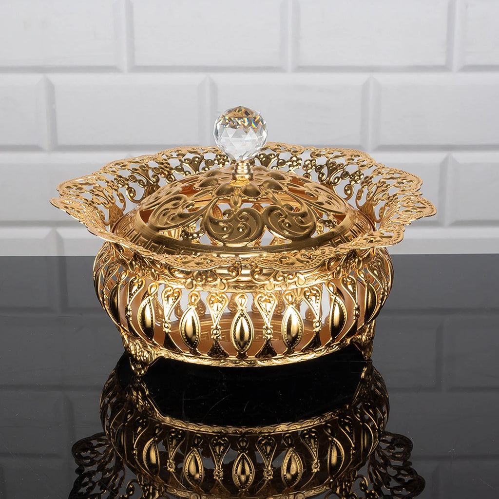 Sugar Serving Bowl with Lid and Crystal Top, Stainless Metal Candy Dish, Footed Gold Candy Jars, 8.7 in O2626