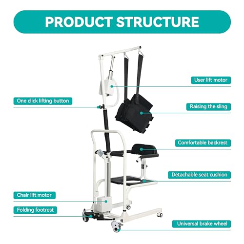 Electric Transfer Chair Patient Lift 180° Split Seat 330 lbs Load-Bearing White Black I4794