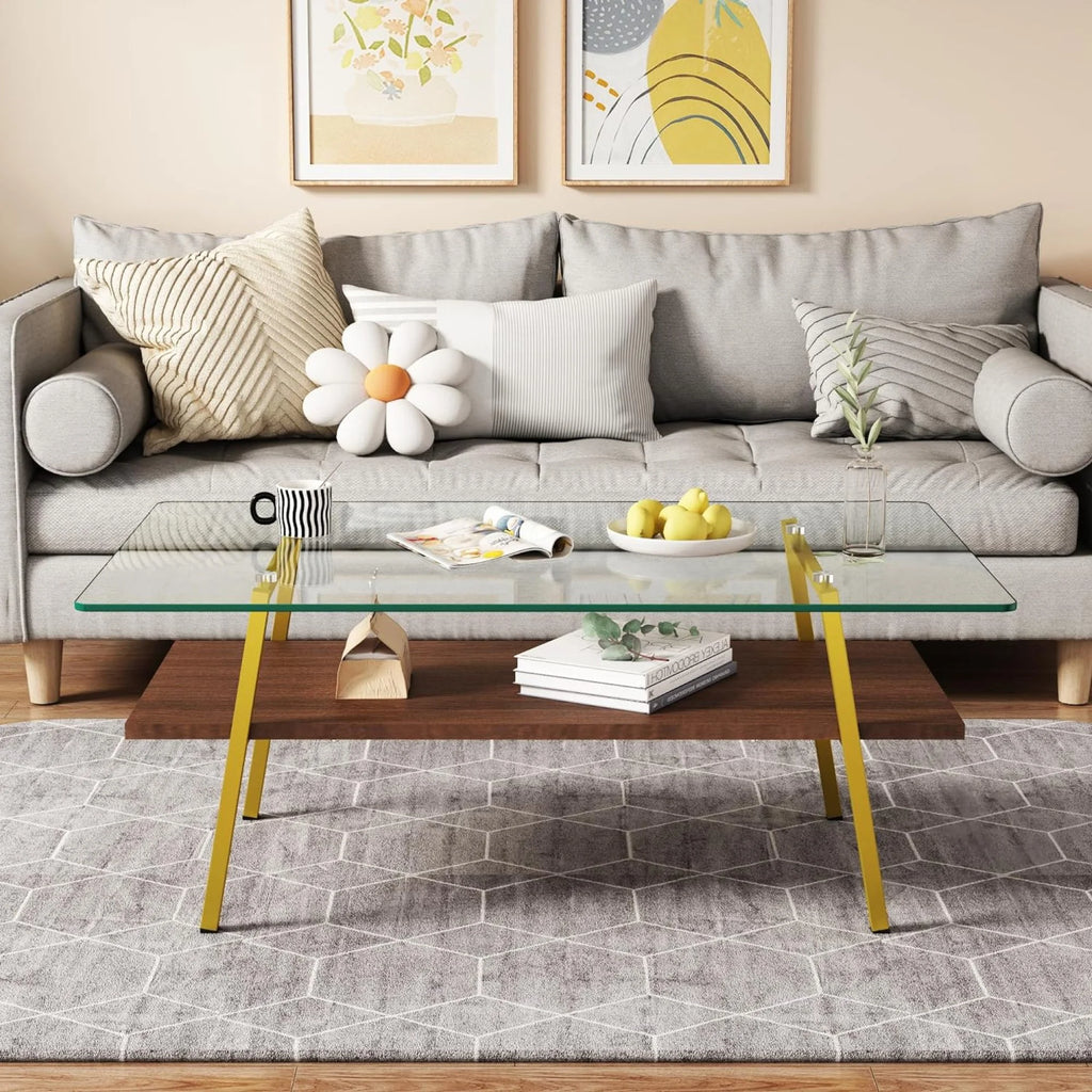 Black Frame Transparent Glass Brown Wood Coffee Table U560