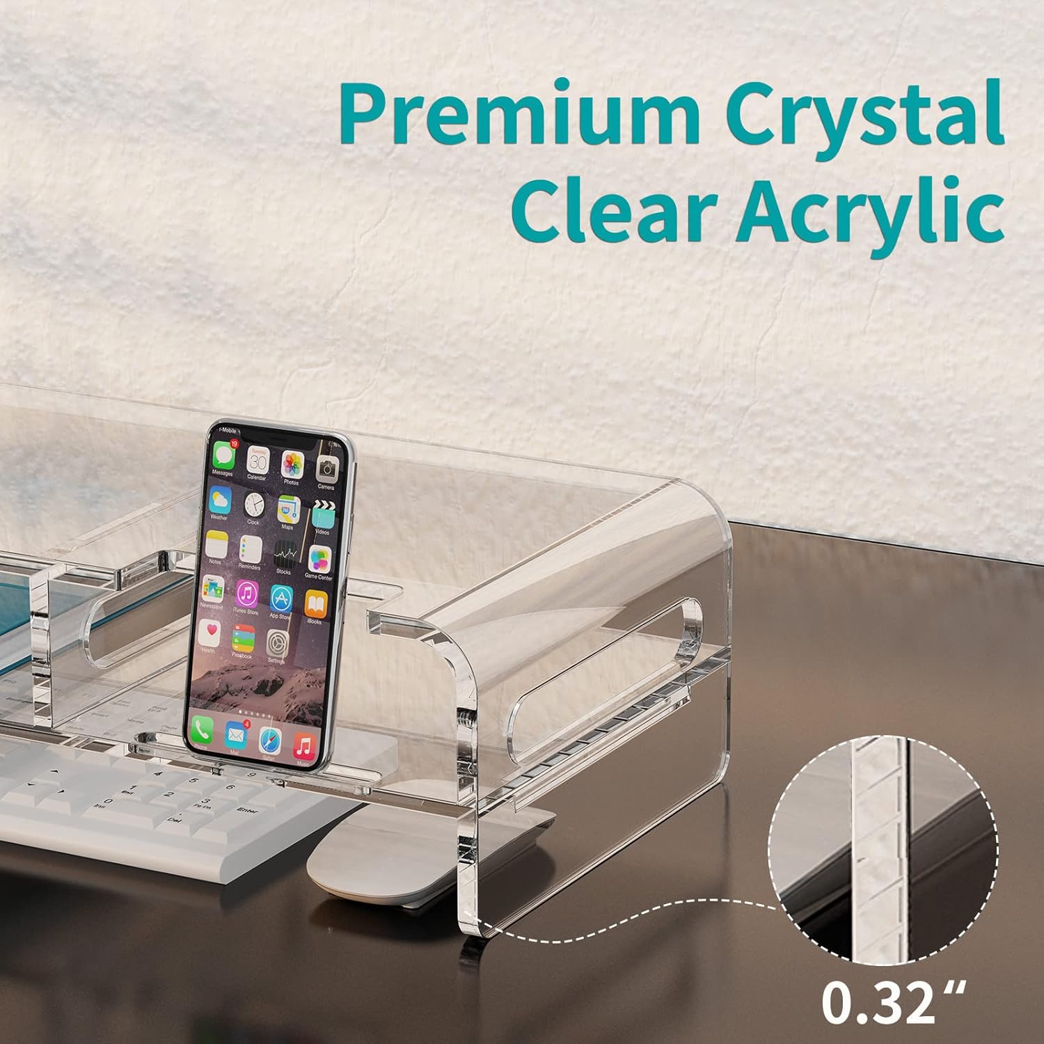 20-inch Clear Acrylic Monitor Stand Riser with Keyboard Storage and Phone Holder A144332