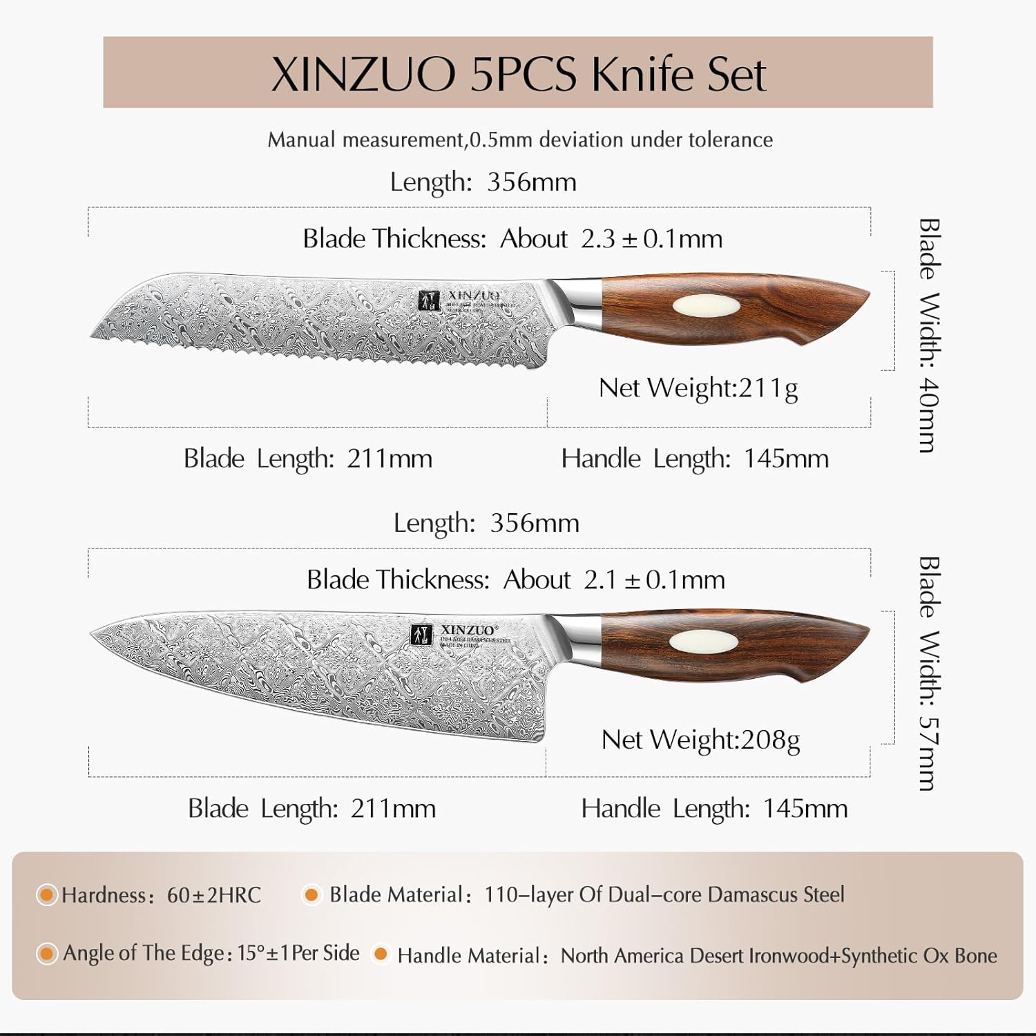 5-Piece Damascus Steel Knife Set K192669