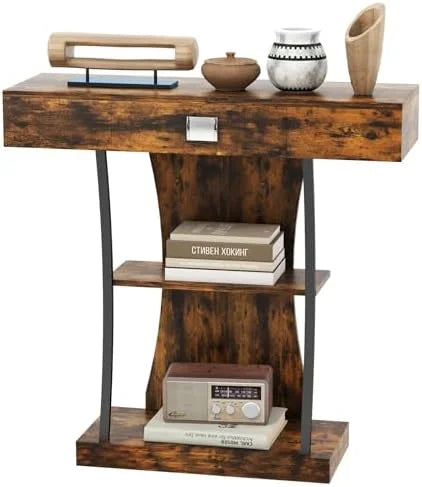 Rustic Brown 3-Tier Console Table with Drawer and Shelves C6612