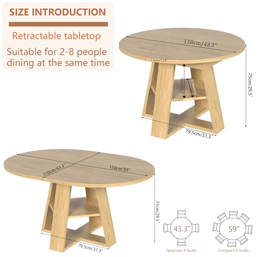 Extendable Round Dining Table with Removable Leaves Wood Base J8199