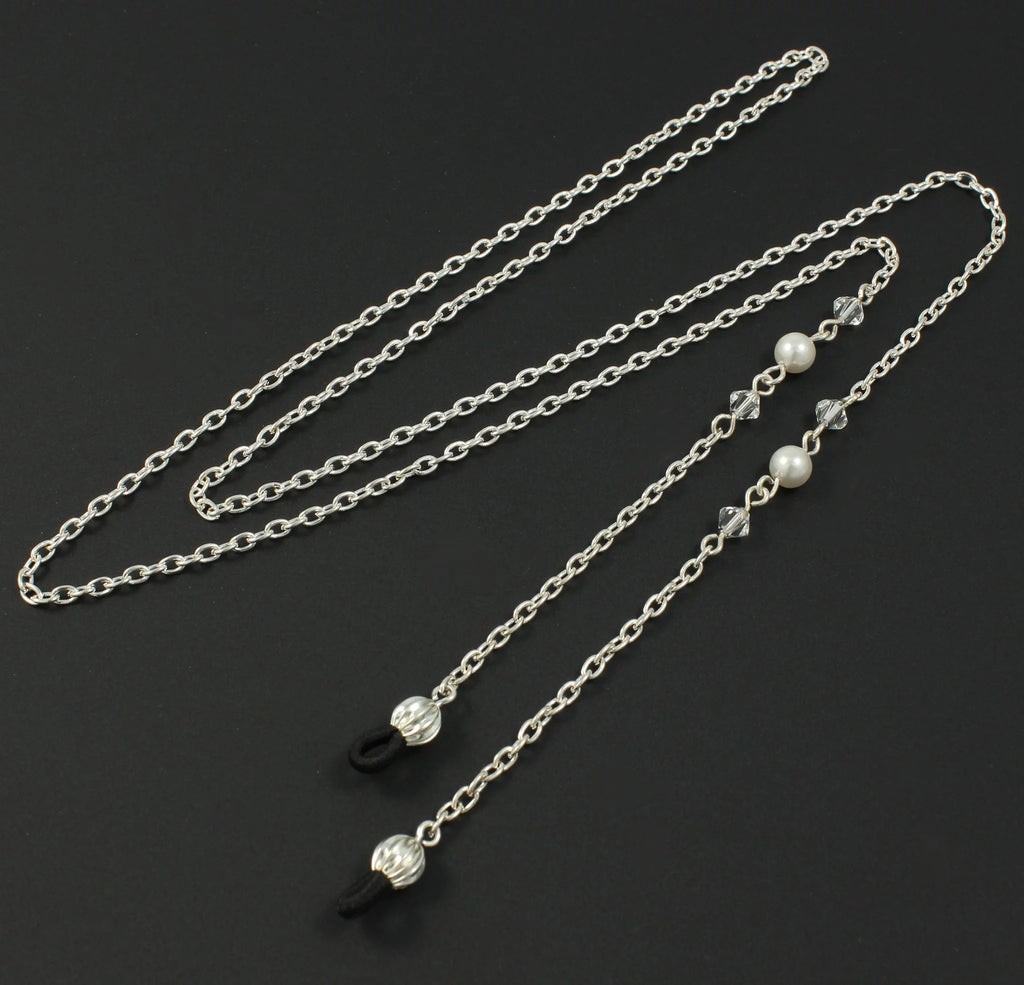 Women Eye Glasses Chain with White Pearls on Silver Plated Chain H2891