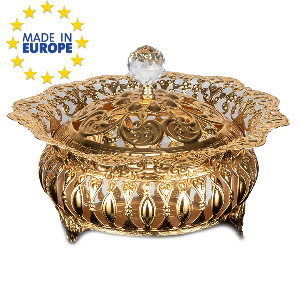 Sugar Serving Bowl with Lid and Crystal Top, Stainless Metal Candy Dish, Footed Gold Candy Jars, 8.7 in O2626