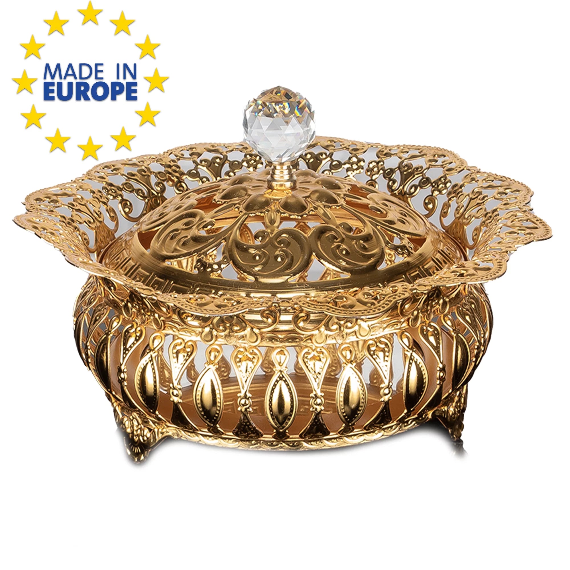 Sugar Serving Bowl with Lid and Crystal Top, Stainless Metal Candy Dish, Footed Gold Candy Jars, 8.7 in O2626