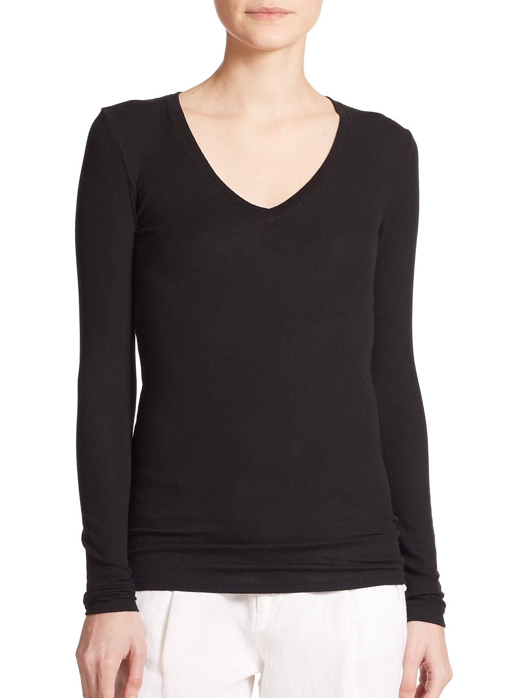White Long-Sleeve V-Neck Tee I157