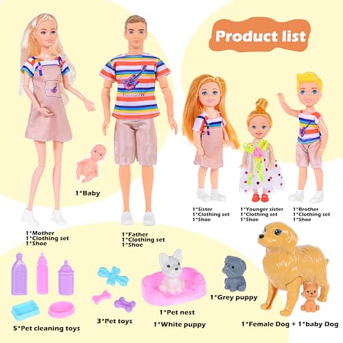 6 People Dollhouse Dolls Playset with Pets and Accessories B234